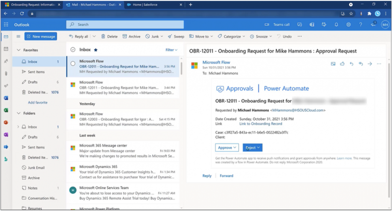 Dynamics 365 Service for Onboarding Request Email Image
